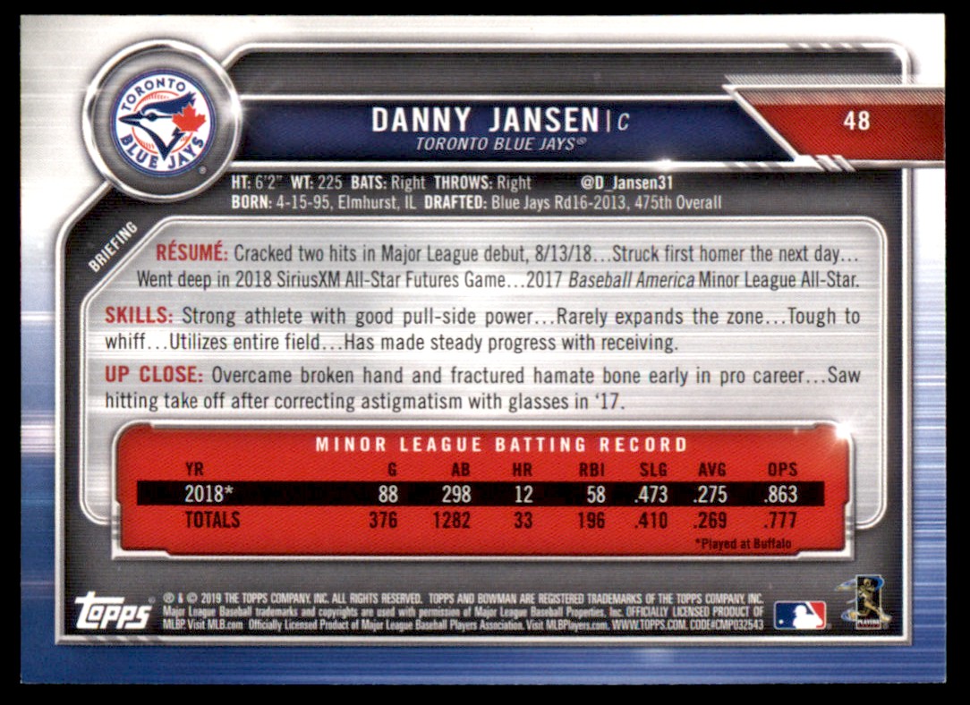 2019 Bowman Danny Jansen #48 card back image