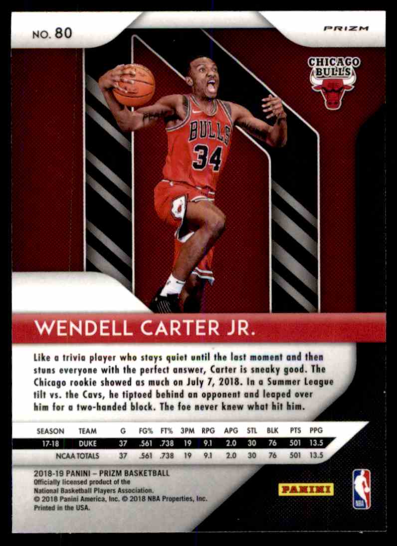 Chicago Bulls Rookie Basketball Card 2018-19 Panini Prizm #80 Wendell Carter Jr