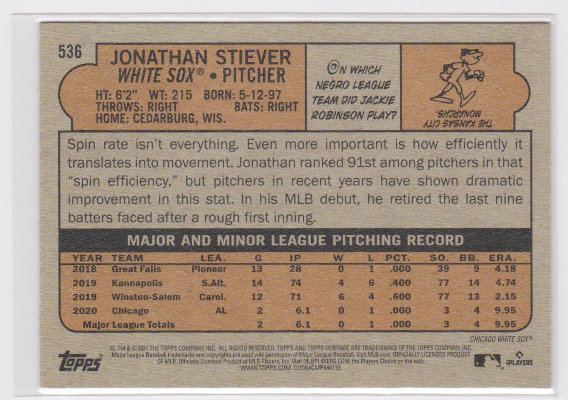 2021 Topps Heritage High Number Jonathan Stiever #536 card back image