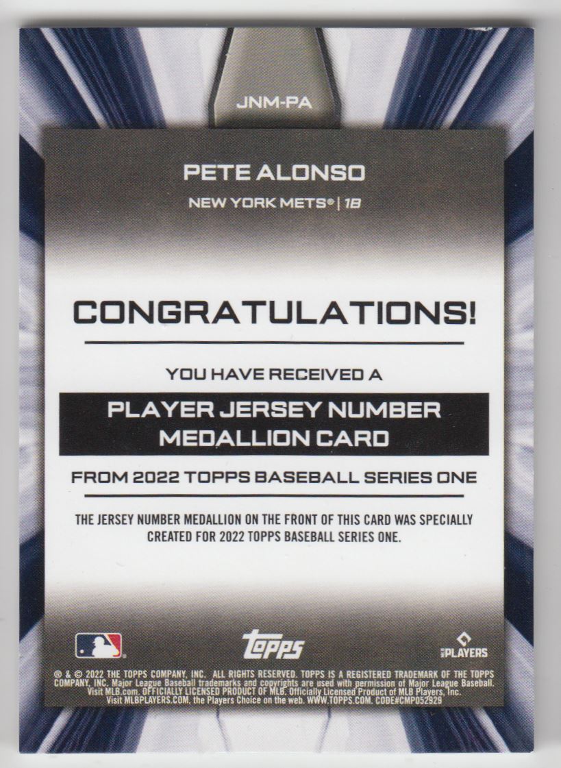 2022 Topps Commemorative Player Jersey Number Medallions Pete Alonso #JNM-PA card back image
