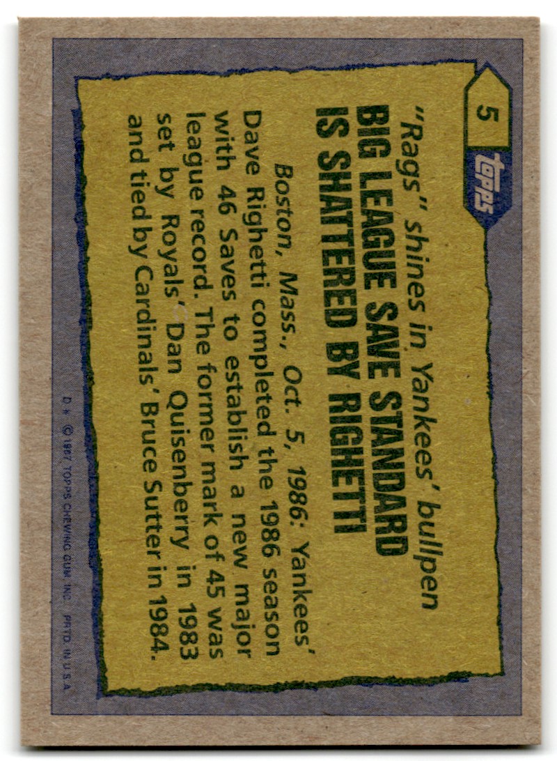 1987 Topps Dave Righetti #5 card back image