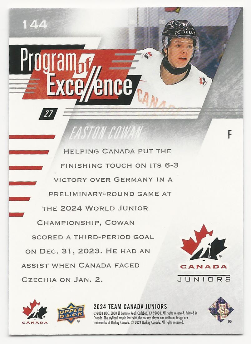 2024-25 Upper Deck Team Canada Juniors Easton Cowan #144 card back image