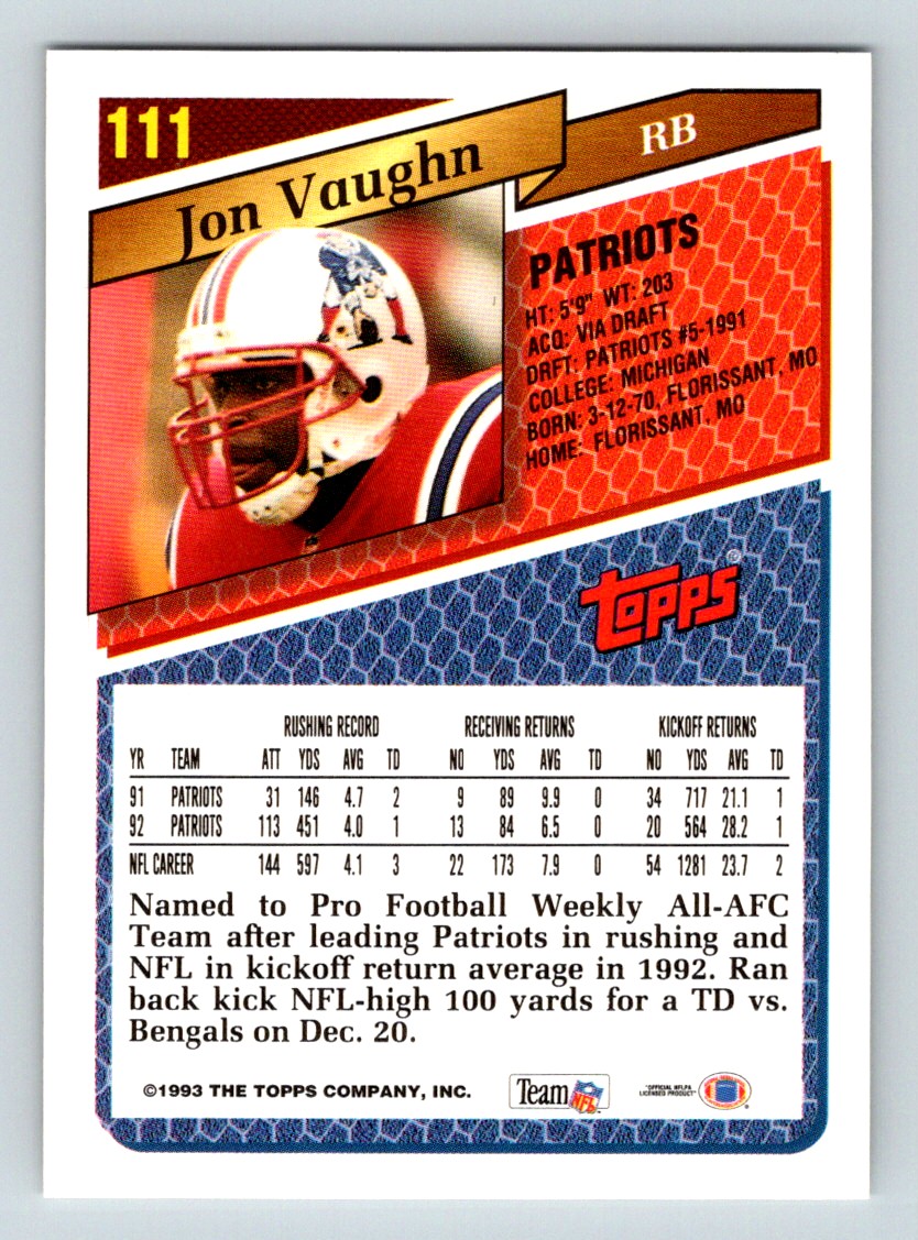 1993 Topps Jon Vaughn #111 card back image