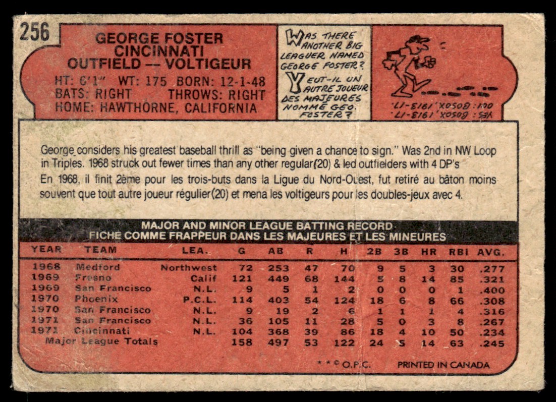 1972 O-Pee-Chee OPC George Foster #256 card back image