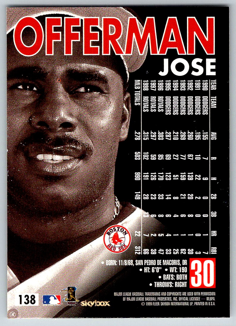 1999 Skybox Premium Jose Offerman #138 card back image