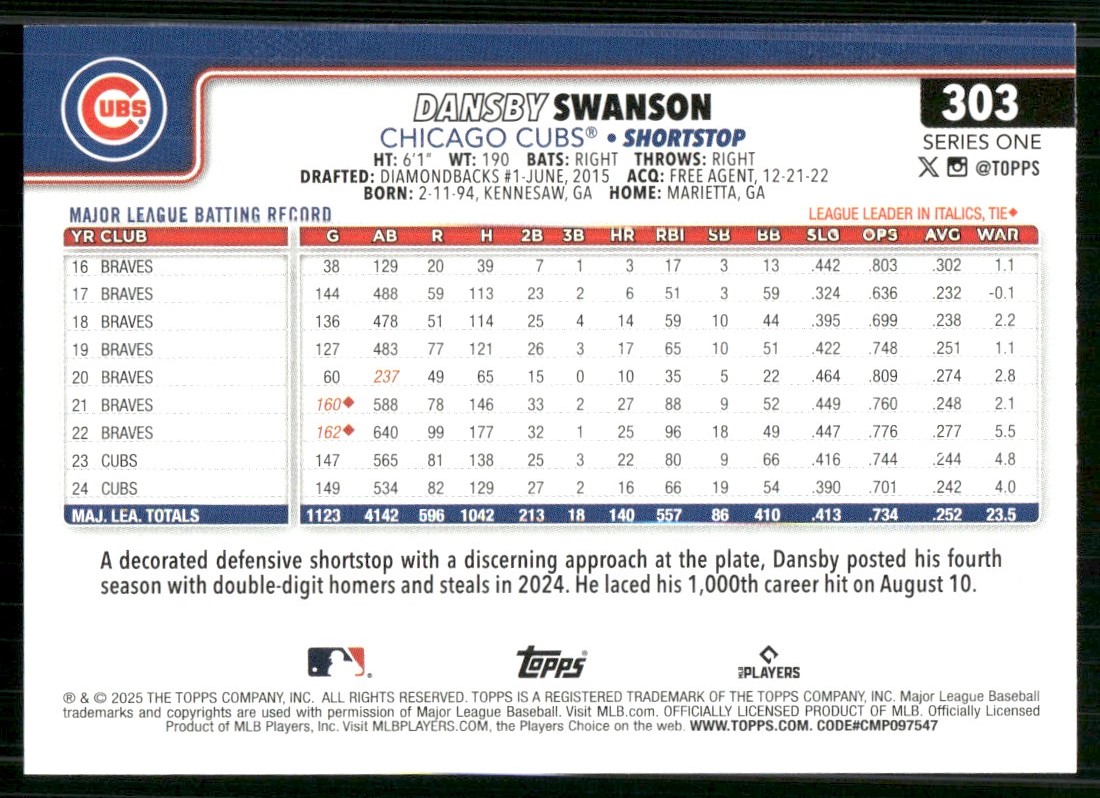 2025 Topps Dansby Swanson #303 card back image