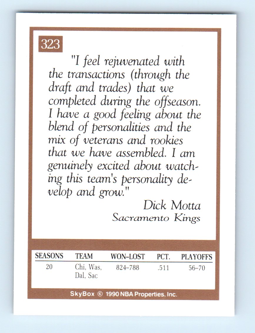 1990-91 SkyBox Dick Motta #323 card back image