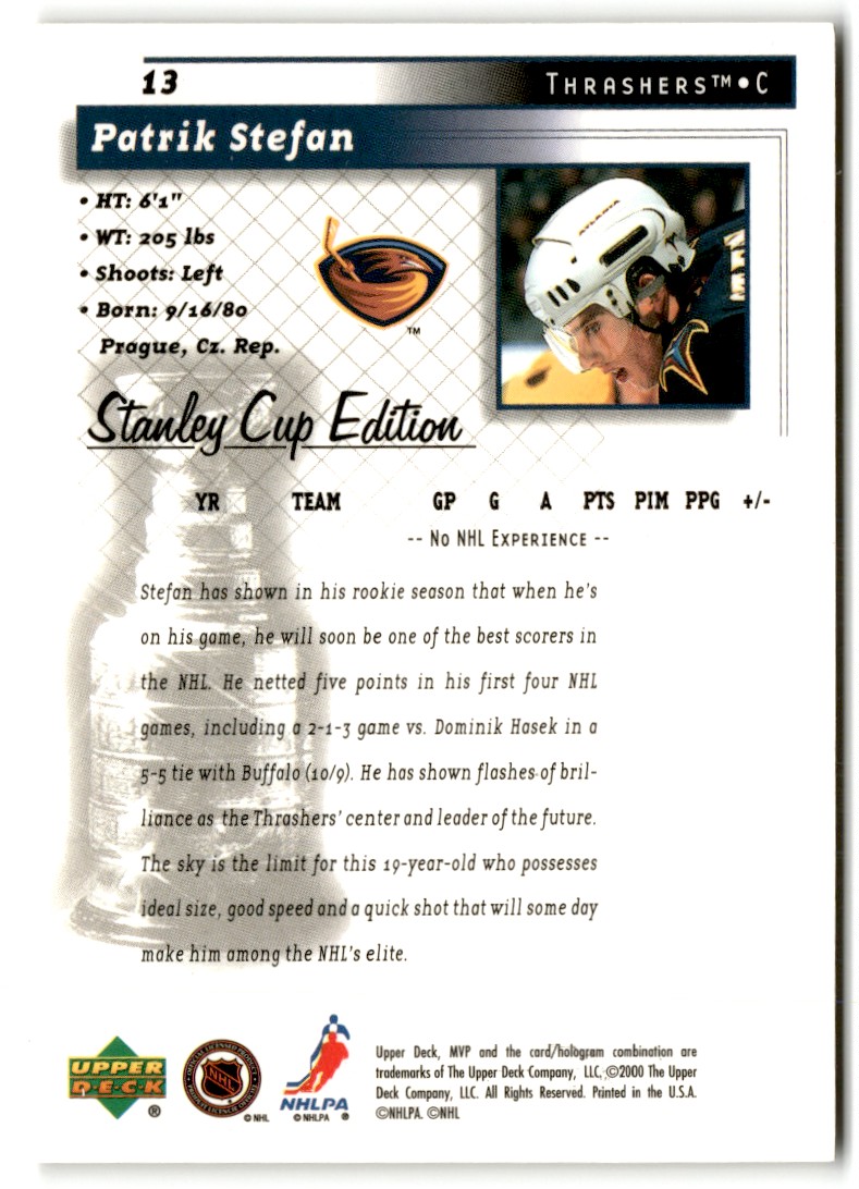 1999-00 Upper Deck Patrik Stefan #13 card back image