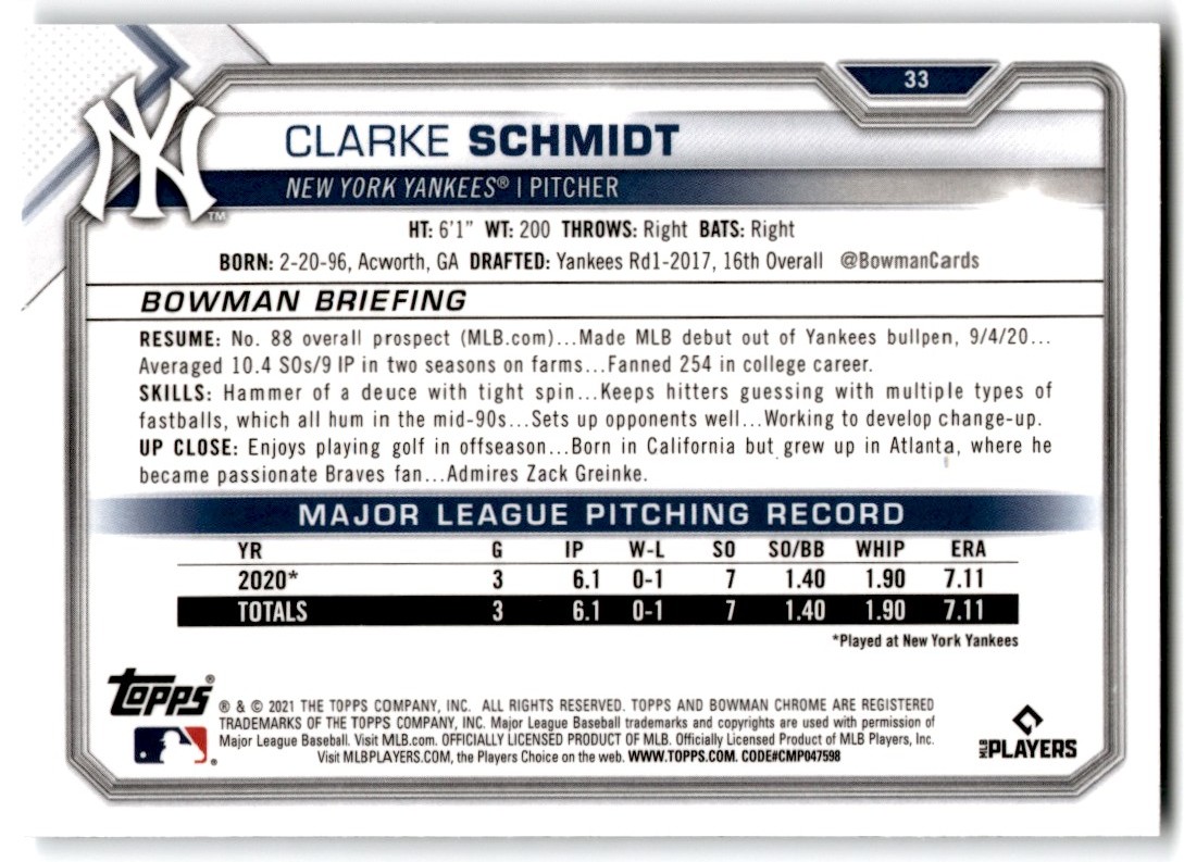 2021 Bowman Chrome Clarke Schmidt #33 card back image