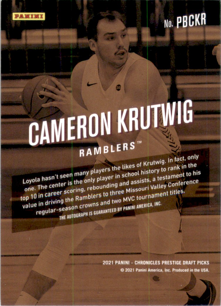 2021-22 Panini Chronicles Draft Picks Prestige Bonus Shots Signatures Bronze Cameron Krutwig #PBCKR card back image