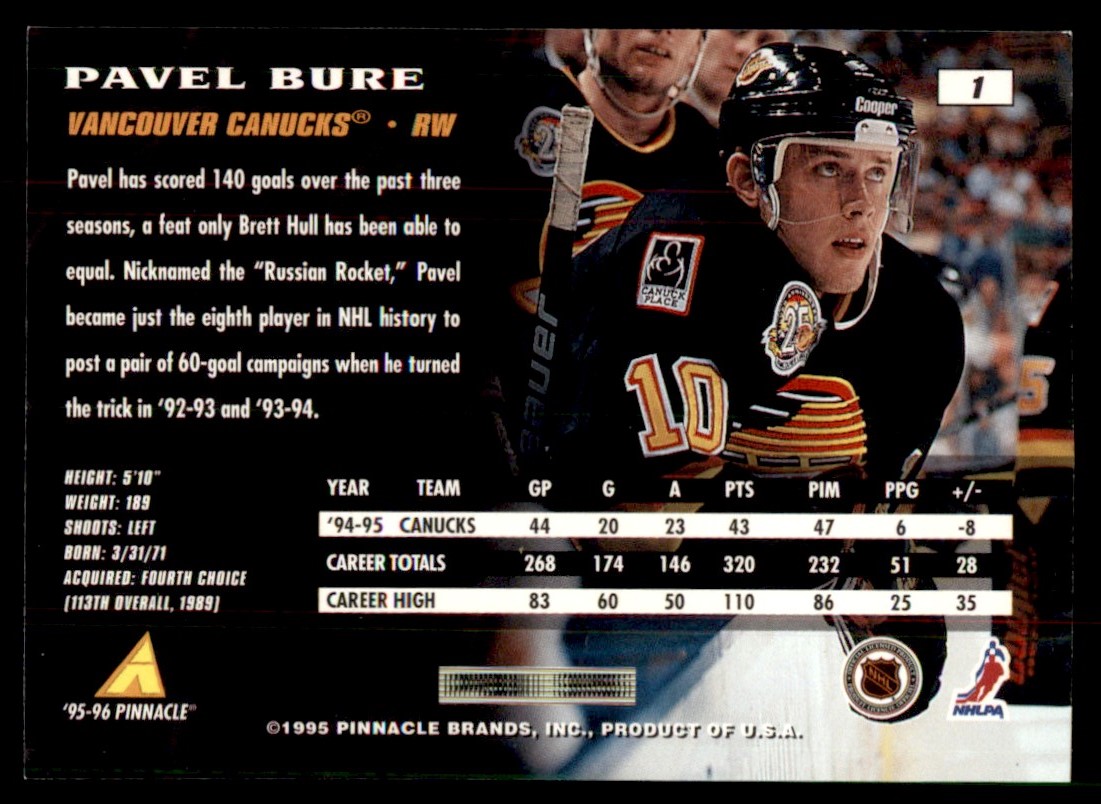 1995-96 Pinnacle Pavel Bure #1 card back image