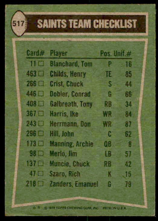 1978 Topps Chuck Muncie/Don Herrmann/Chuck Crist/Elois Grooms #517 card back image