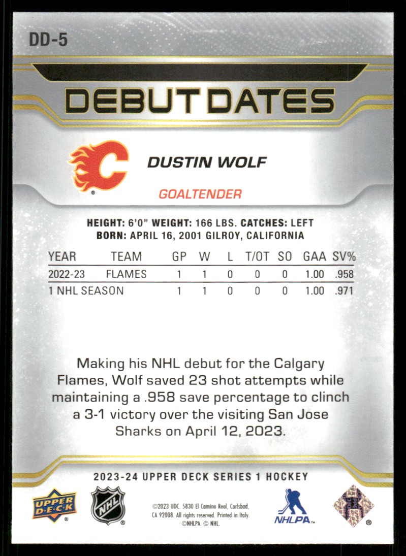2023-24 Upper Deck Debut Dates Dustin Wolf #DD-5 card back image