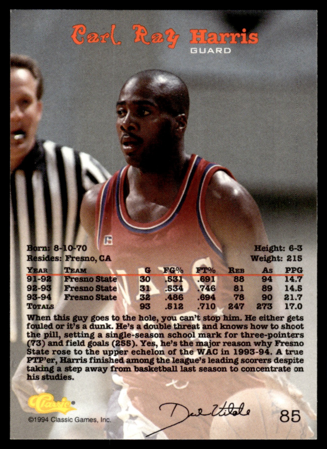 1994-95 Classic Draft Carl Ray Harris #85 card back image
