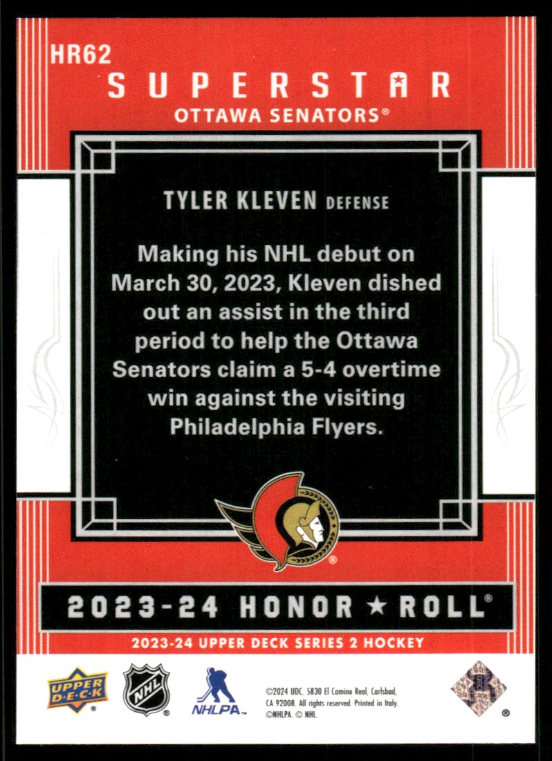 2023-24 Upper Deck Honor Roll Tyler Kleven #HR62 card back image