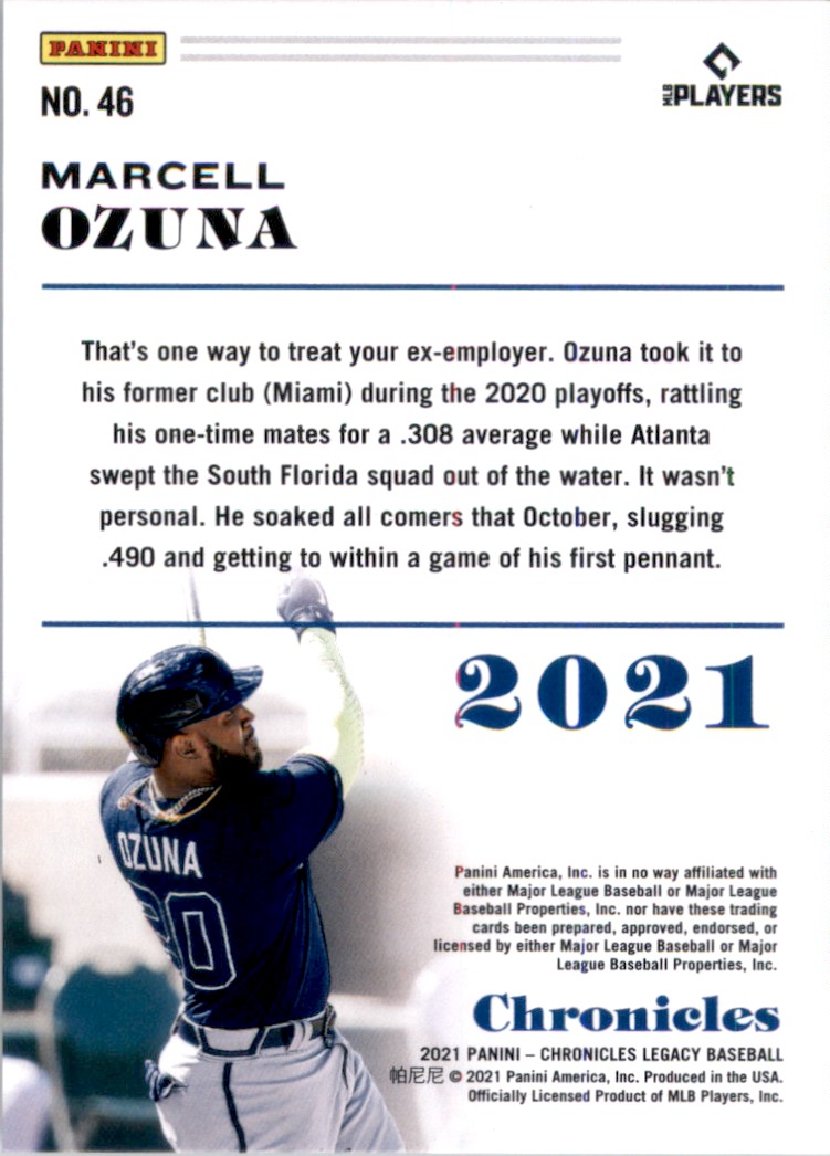 2021 Panini Chronicles Blue Marcell Ozuna #46 card back image