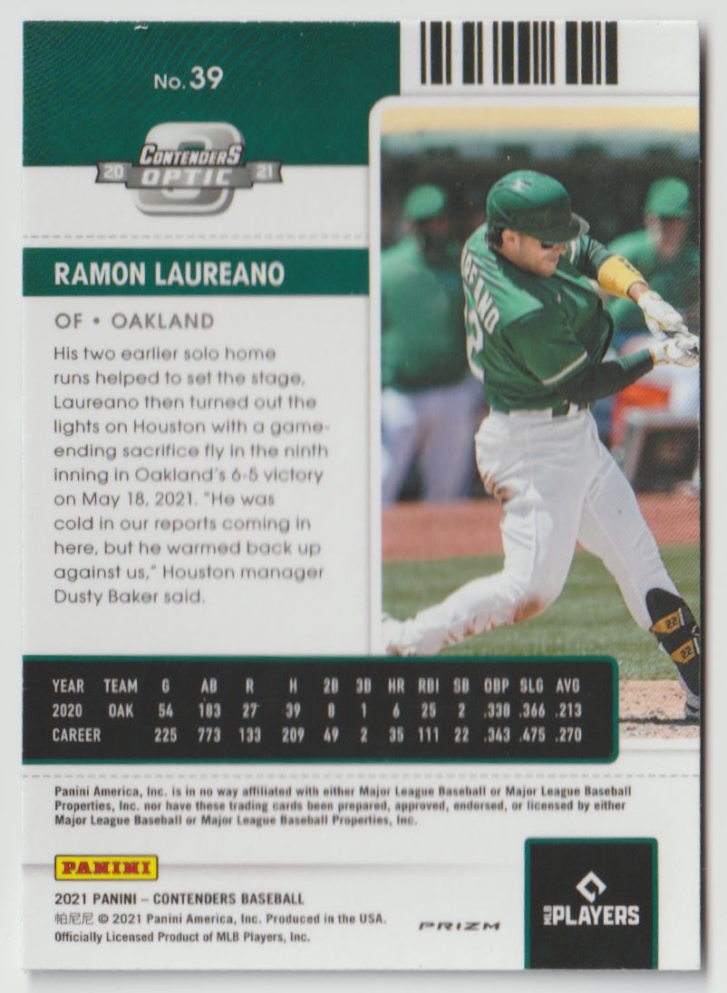 2021 Panini Contenders OpticSeason Ticket Red Wave Prizm Ramon Laureano #39 card back image