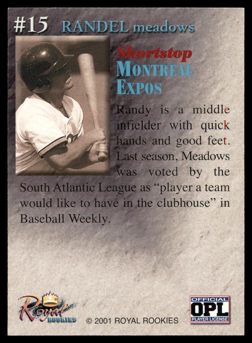 2001 Royal Rookies Throwbacks Randy Meadows #15 card back image
