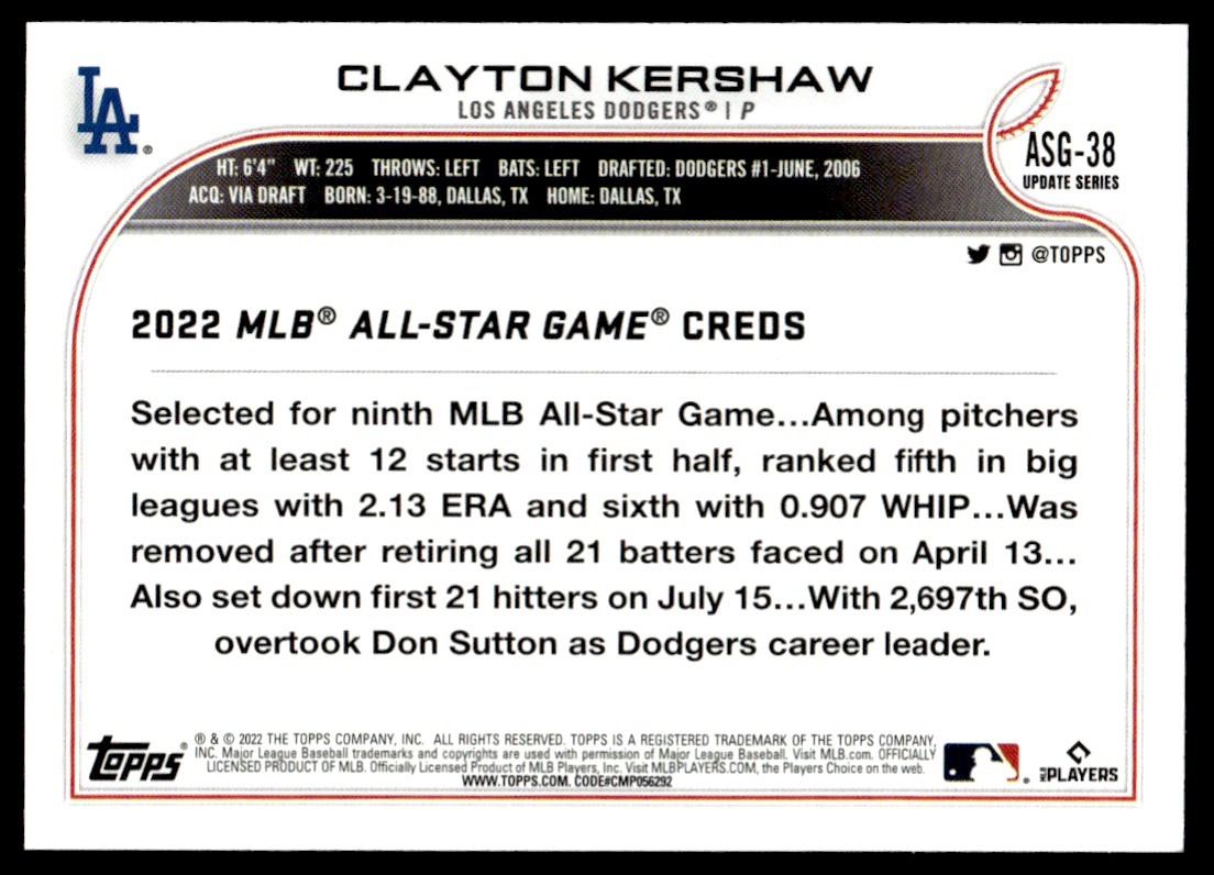 2022 Topps Update 2022 MLB All-Star Game Clayton Kershaw #ASG-38 card back image