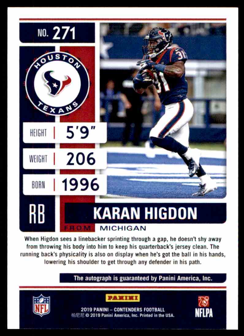 2019 Panini Contenders Rookie Ticket Autographs Karan Higdon #271 card back image
