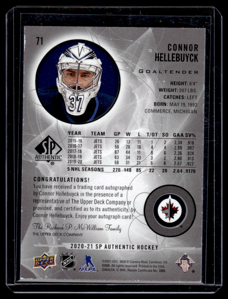 2020-21 SP Authentic Limited Autographs Black Connor Hellebuyck