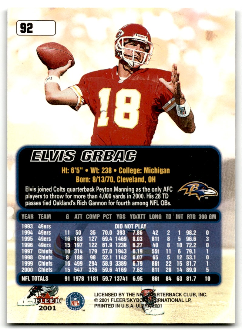 2001 Fleer Ultra Elvis Grbac Kansas City Chiefs #92 | eBay