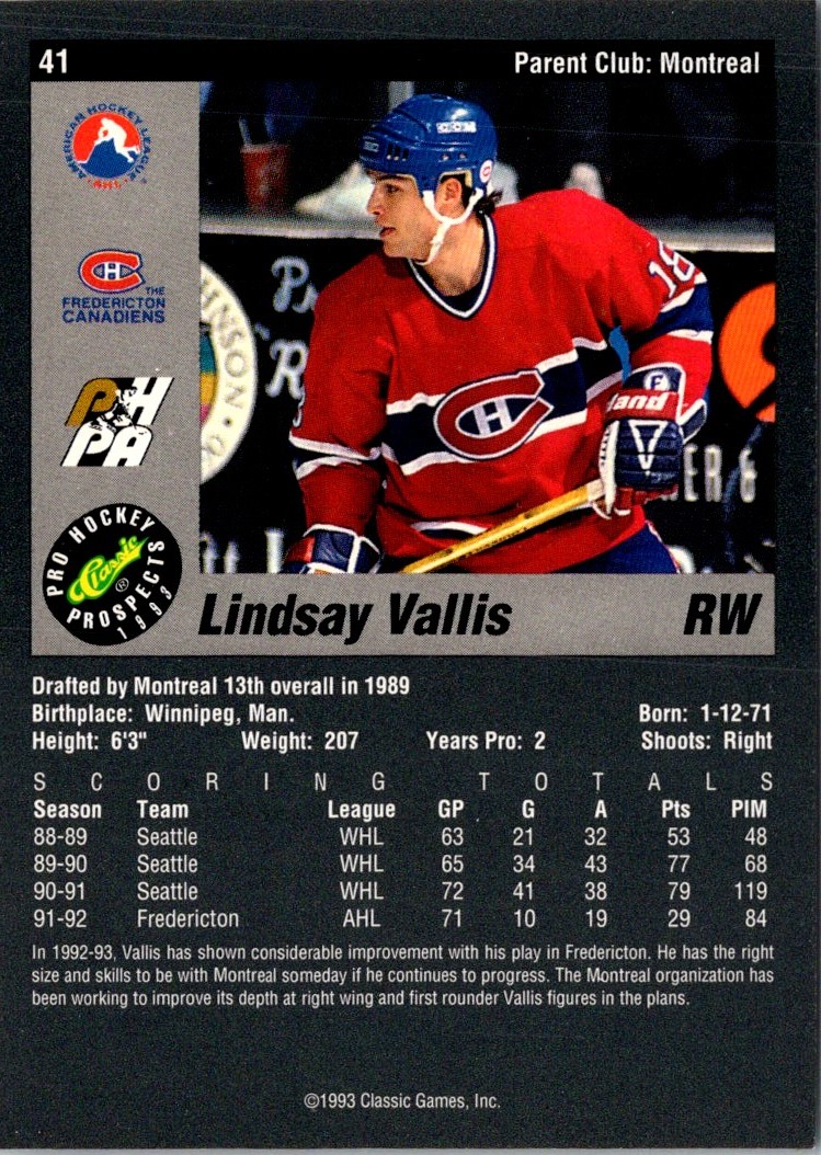 1993-94 Classic Pro Prospects Lindsay Vallis #41 card back image