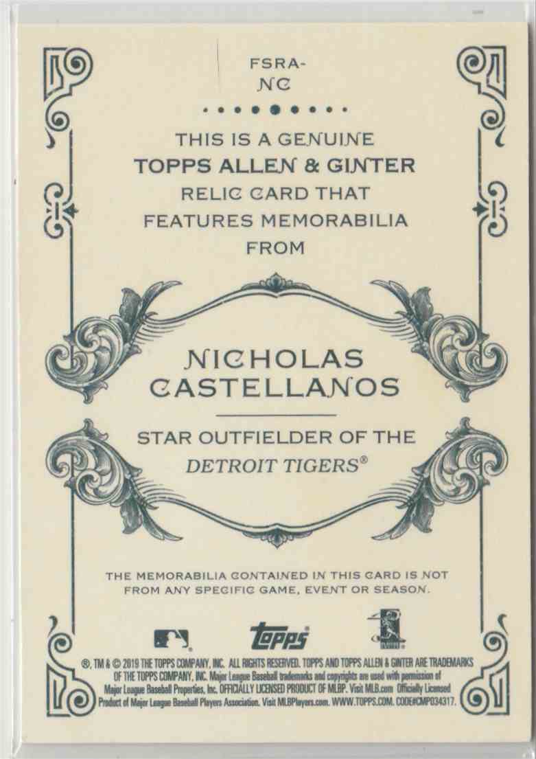 2019 Topps Allen & Ginter Relics Nicholas Castellanos #FSRA-NC card back image