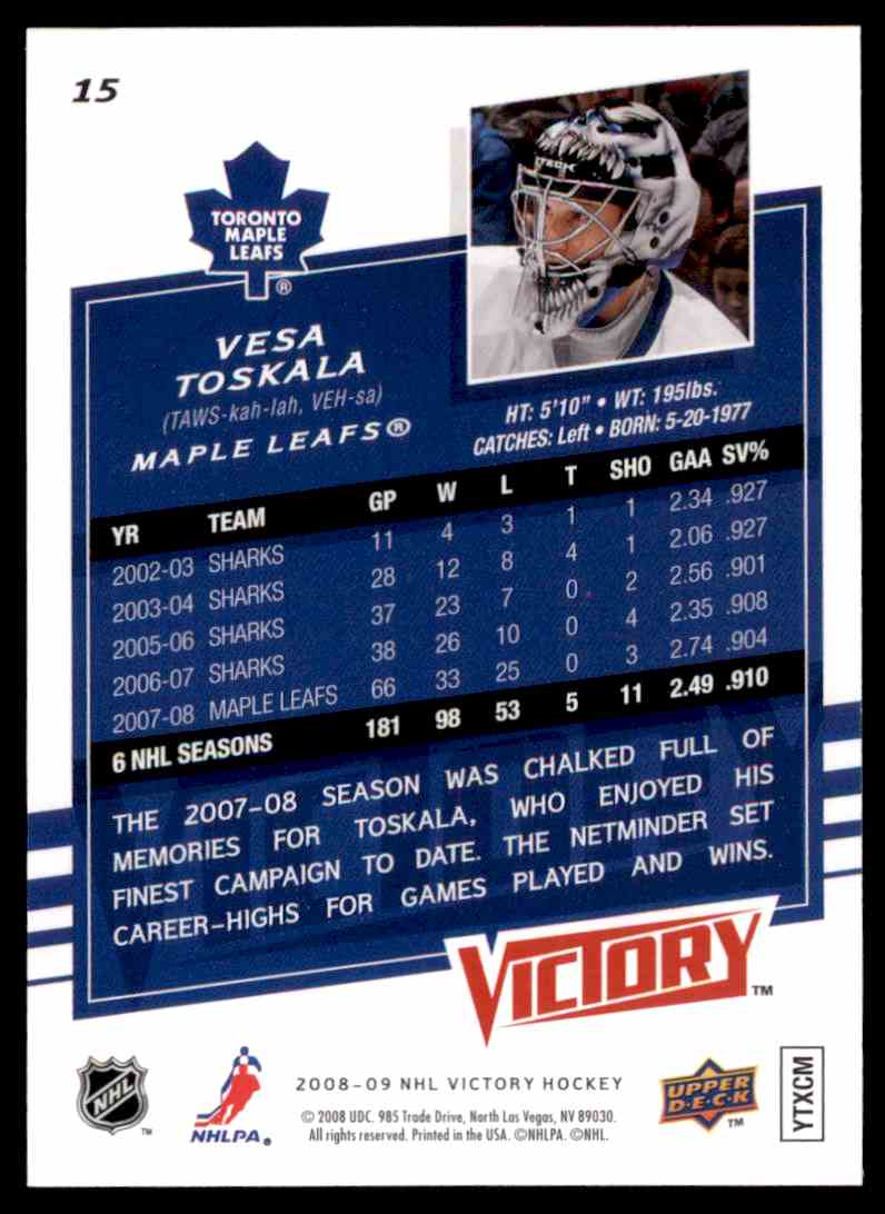 2008-09 Upper Deck Victory Victory Vesa Toskala #15 card back image