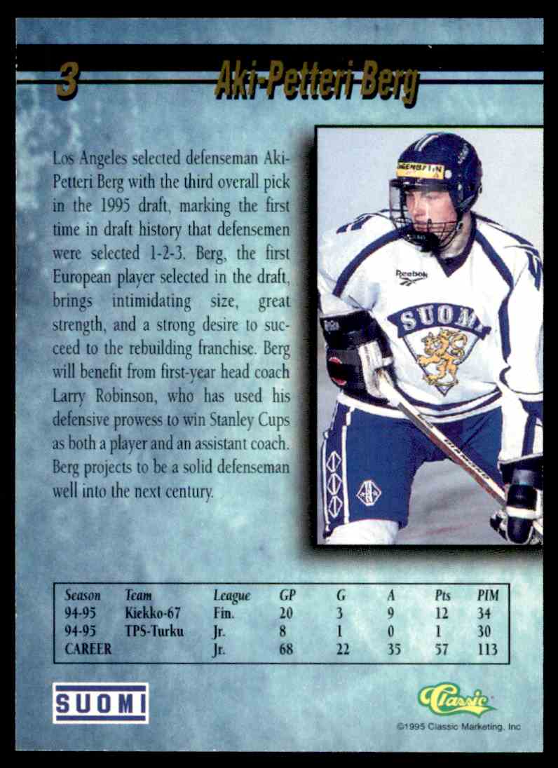 1995 Classic Aki Berg #3 card back image