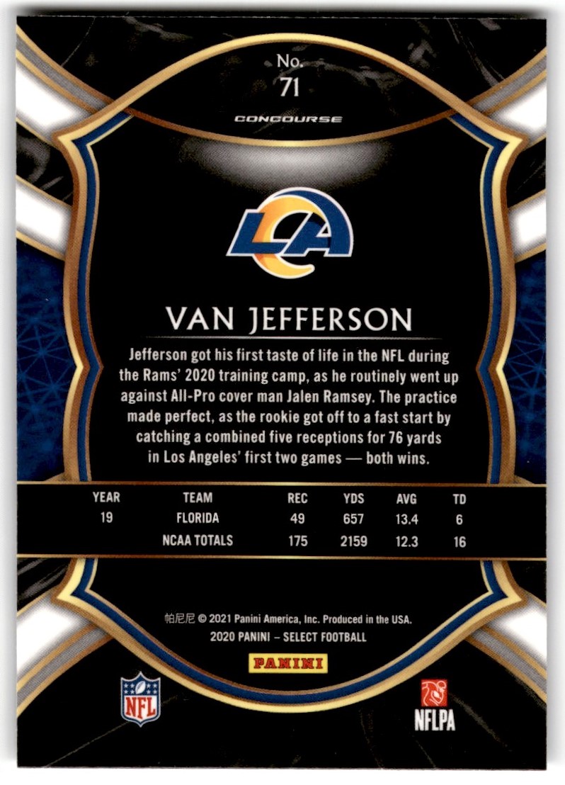 Van Jefferson 2020 PANINI SELECT ROOKIE RC #71 LOS