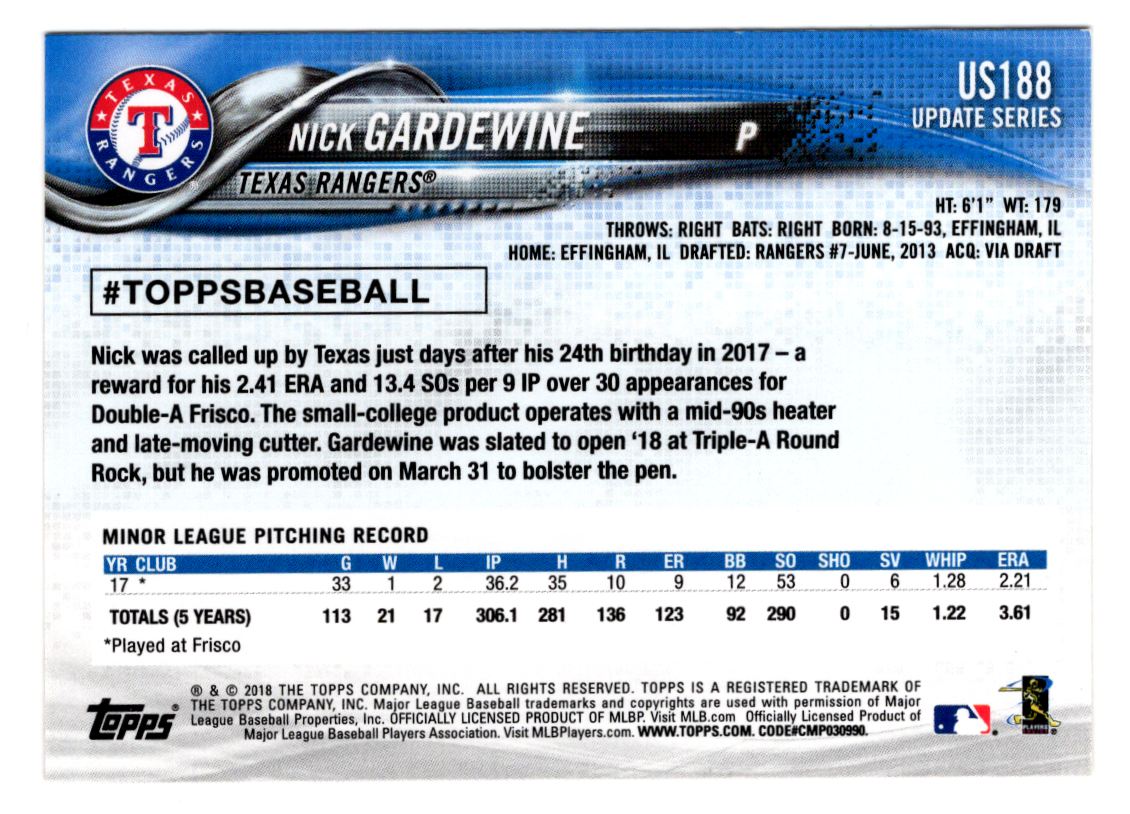 2018 Topps Update Nick Gardewine #US188 card back image
