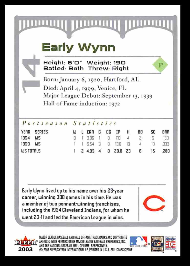 2003 Fleer Fall Classics Early Wynn #14 card back image