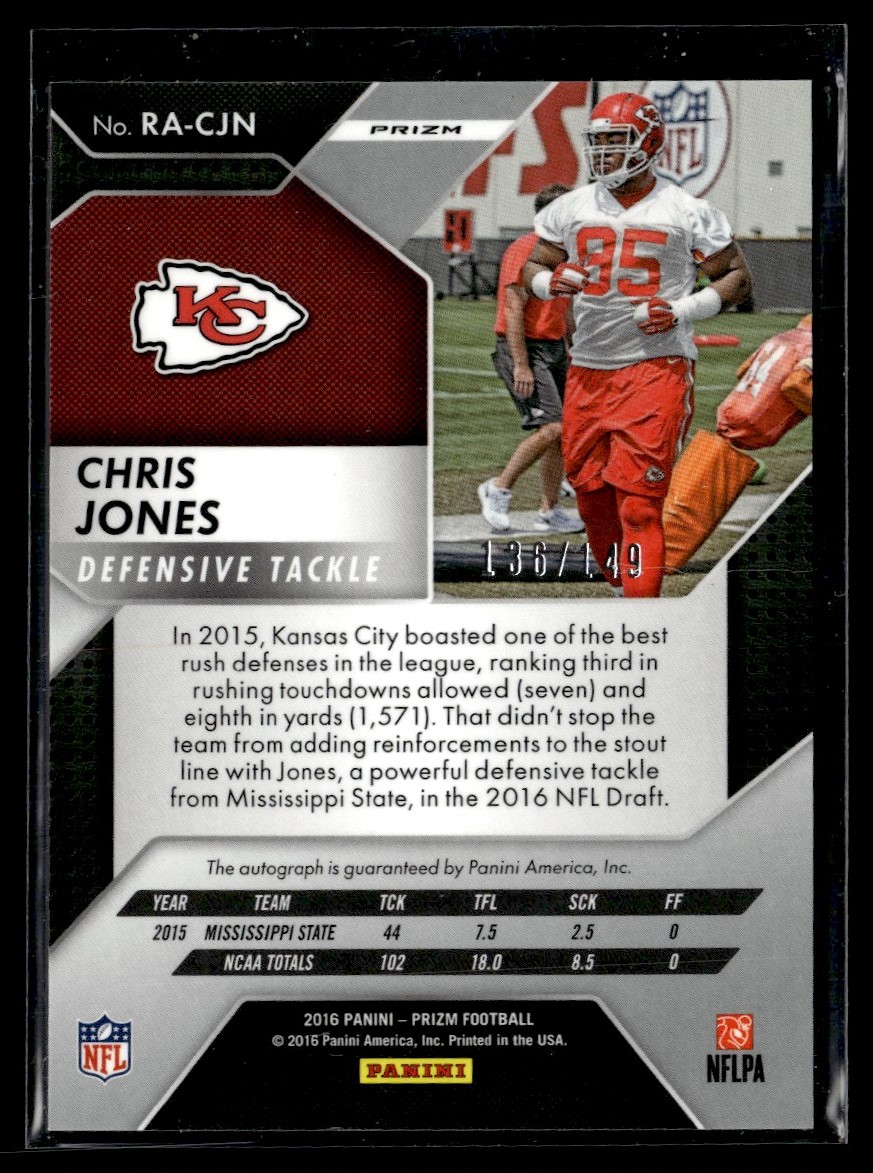 2016 Panini Prizm Rookie Autographs Blue Wave Chris Jones #RA-CJN card back image