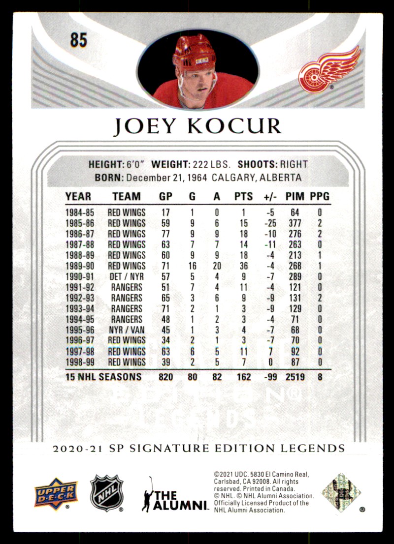 2020-21 SP Signature Edition Legends Joey Kocur Detroit Red Wings