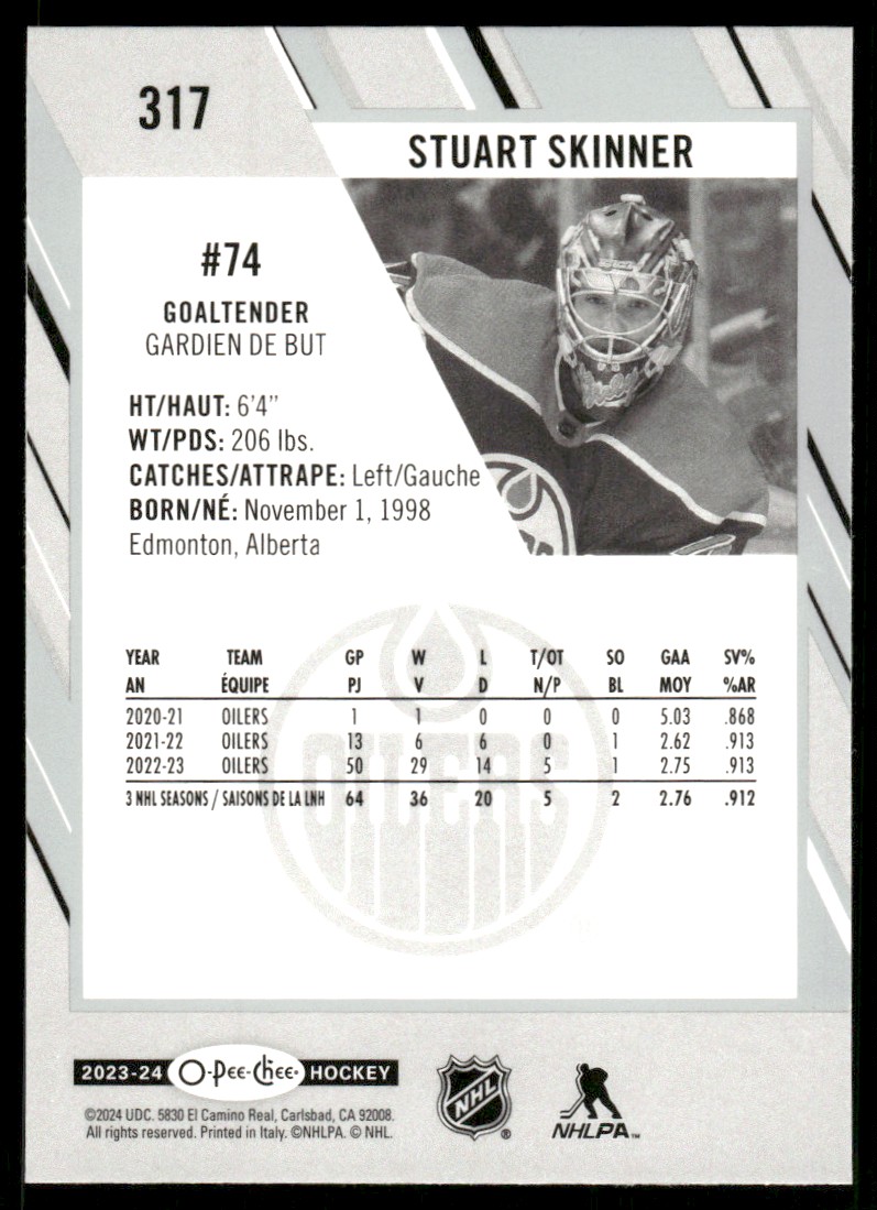 2023-24 O-Pee-Chee Stuart Skinner #317 card back image