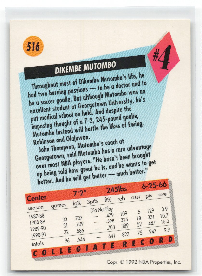 1991-92 SkyBox Dikembe Mutombo #516 card back image