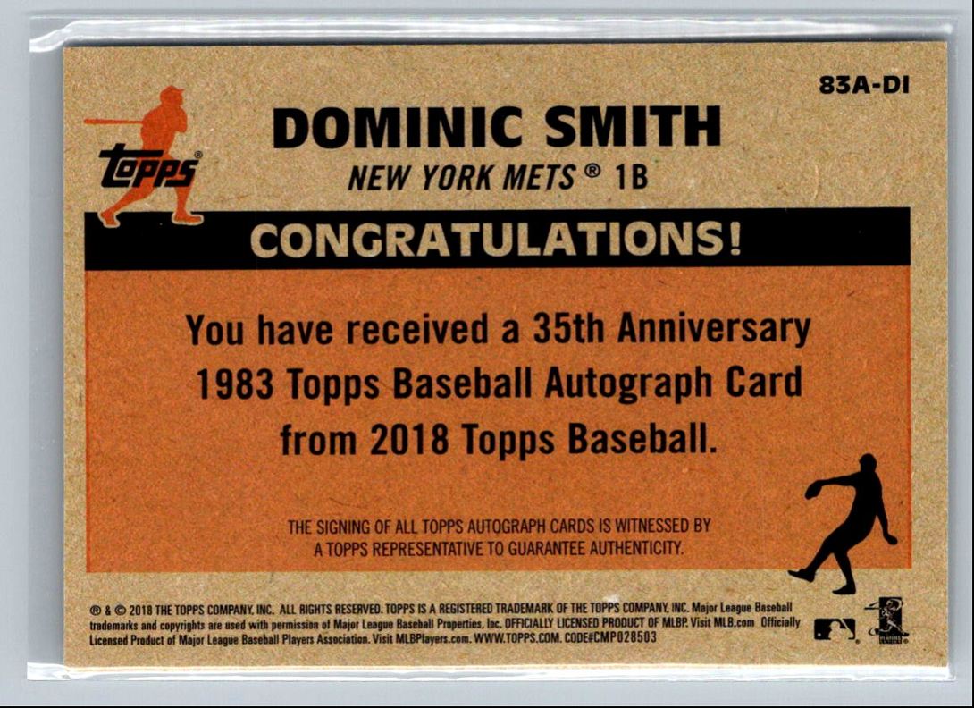 2018 Topps 1983 Baseball Autographs (Series 2) Dominic Smith #83A-DI card back image