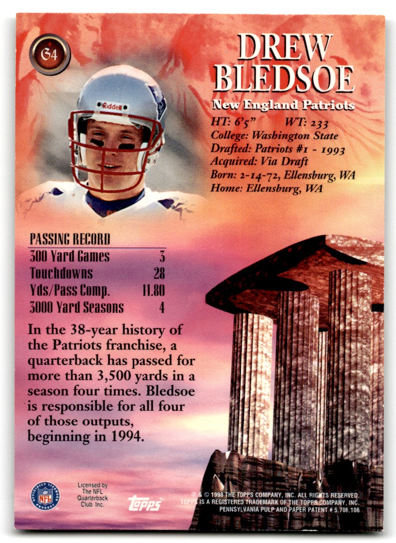 1998 Topps Gridiron Gods Drew Bledsoe #G4 card back image