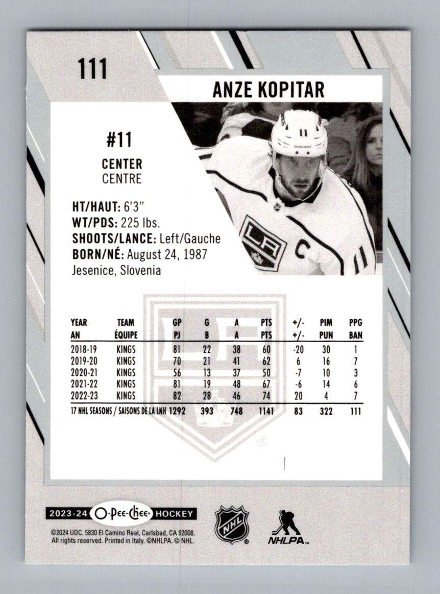 2023-24 O-Pee-Chee Anze Kopitar #111 card back image