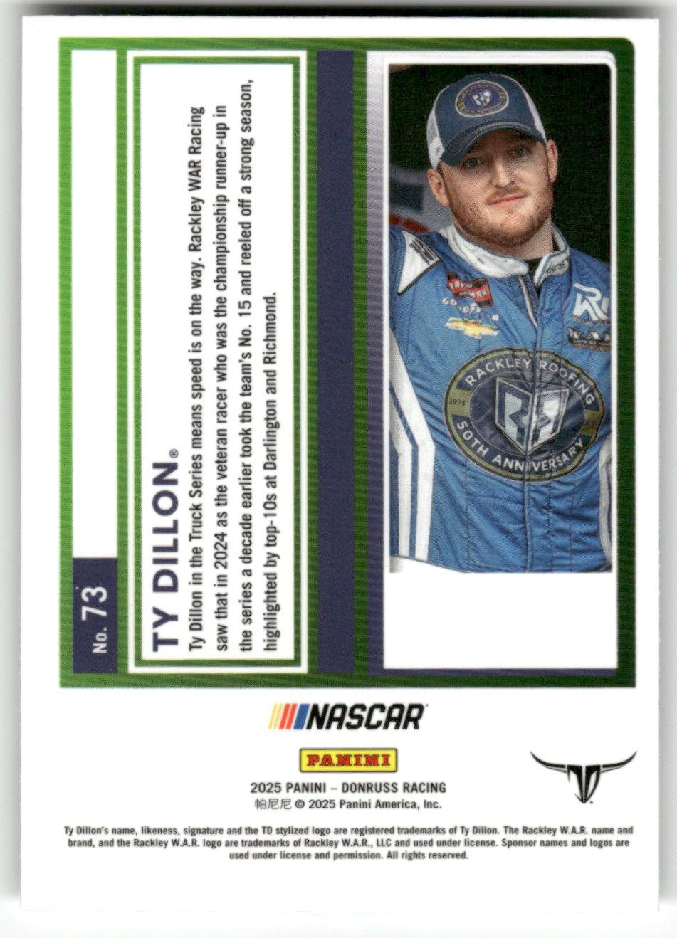 2025 Donruss NASCAR Optic TY DILLON #73 card back image