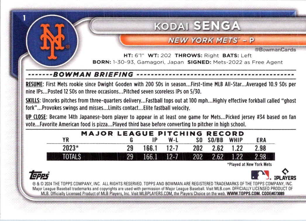 2024 Bowman Kodai Senga #1 card back image