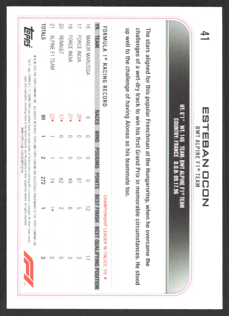 2022 Topps Chrome Formula 1 Esteban Ocon #31B card back image