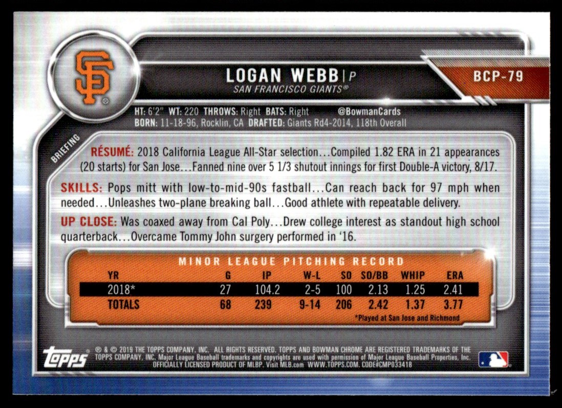 bigskygo76　0112 2019 Bowman Chrome Mega Box Logan Webb San Francisco Giants