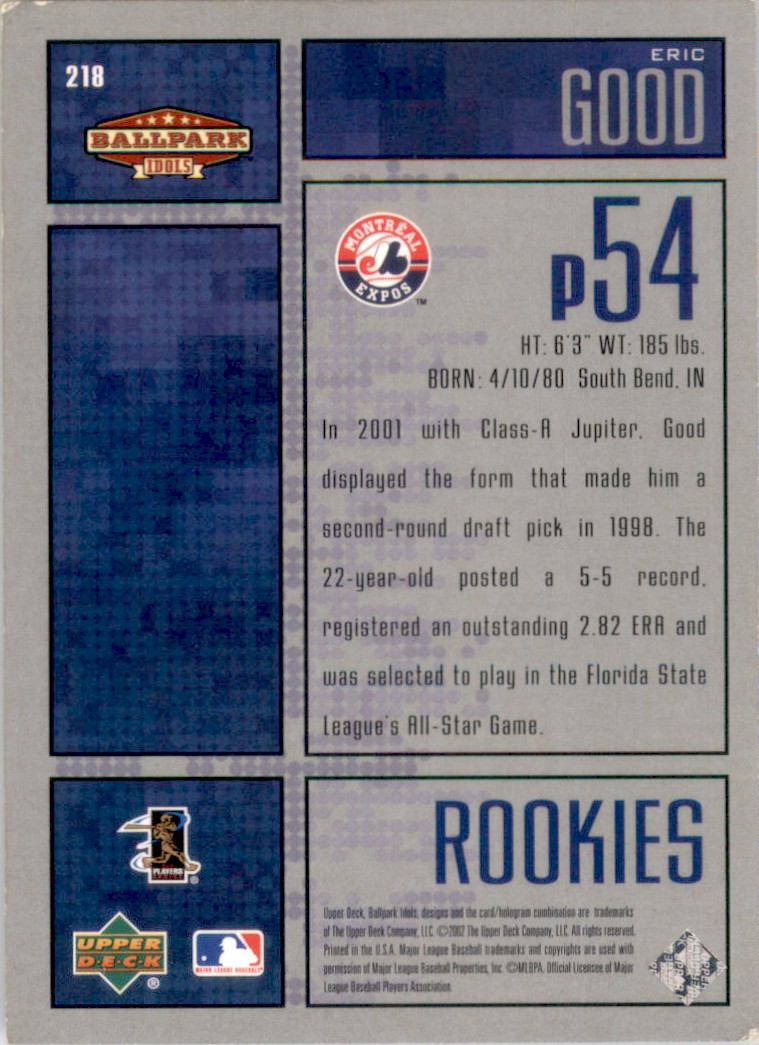2002 Upper Deck Ballpark Idols Eric Good #218 card back image