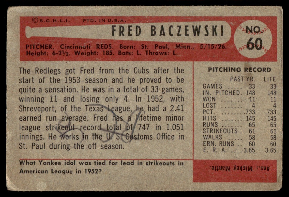 1954 Bowman Fred Baczewski #60 card back image