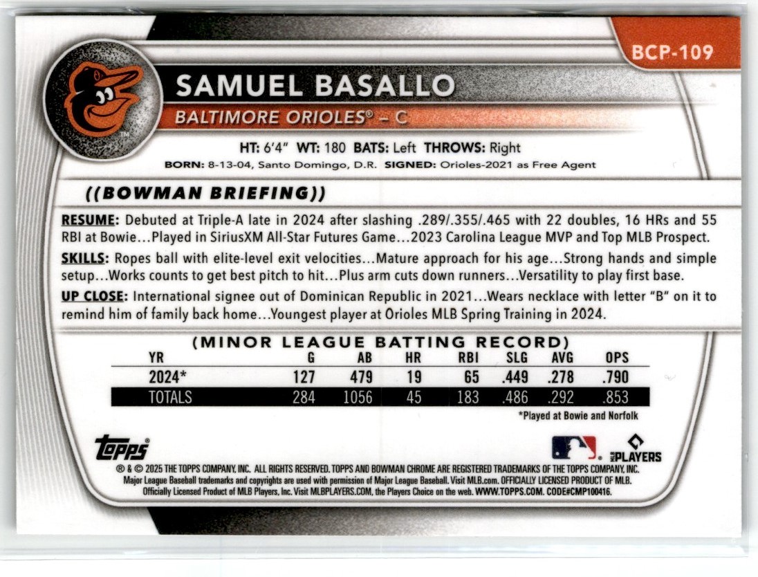 2025 Bowman Chrome Reptillian Samuel Basallo #BCP109 card back image