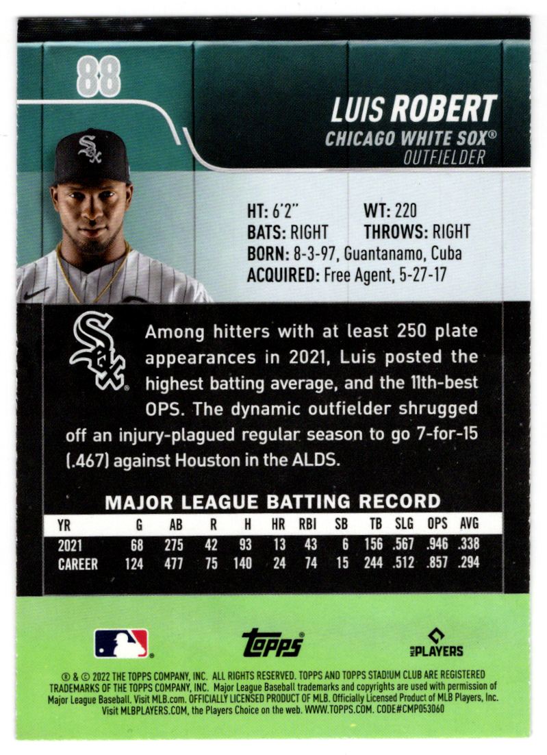 2022 Stadium Club Black and White Luis Robert #88 card back image