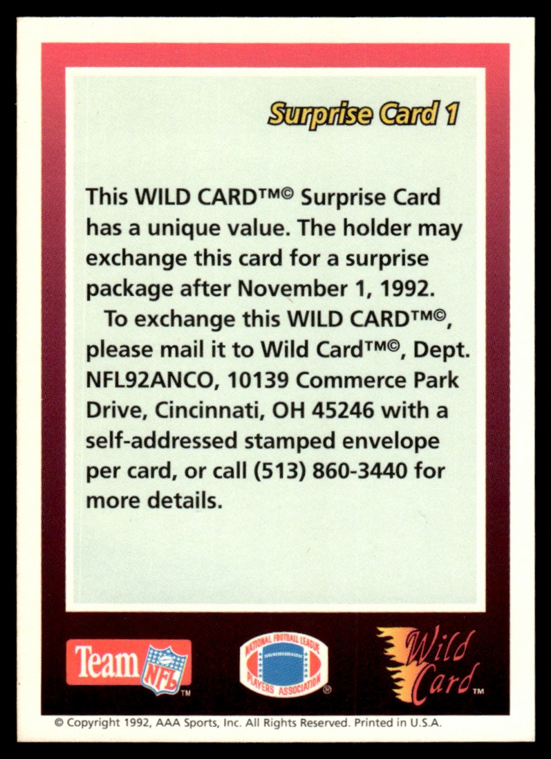 1992 Wild Card Surprise Card 1 card back image