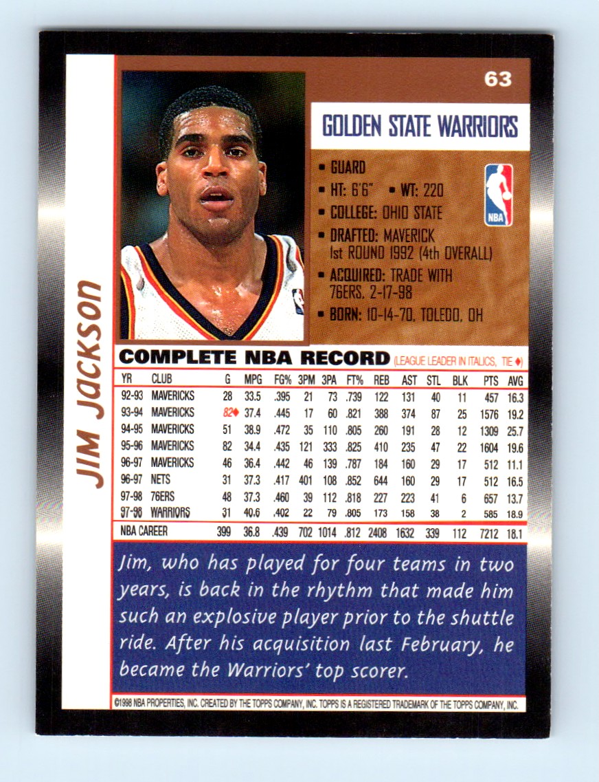 1998-99 Topps Jim Jackson #63 card back image